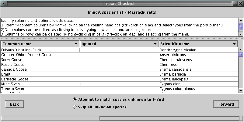 Dialog for identifying types of columns