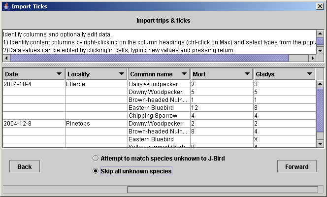 Dialog for identifying types of columns