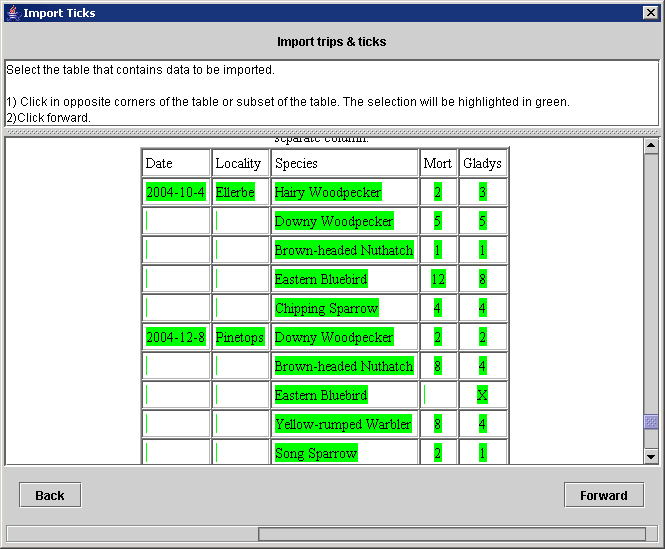 Dialog for selecting HTML table